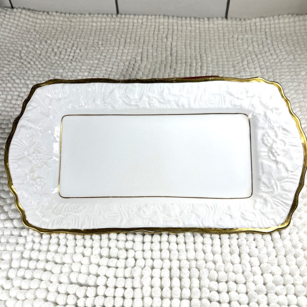 Royal Stafford Bone China Old English Oak Tray 12x6 inches White with Gold Edge